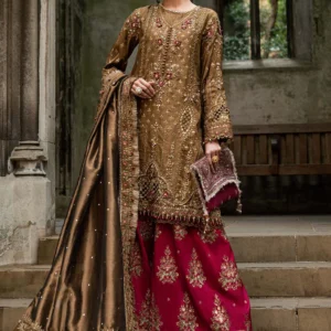 Maria B Formal Embroidered Raw Silk Suit WF-09-04-Tambaku Brown