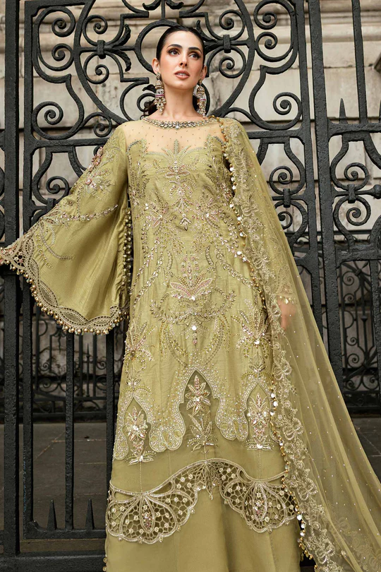 Maria B Formal Embroidered Raw Silk Suit WF-09-08-Olive Green - Image 3