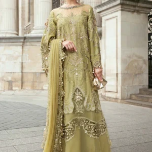 Maria B Formal Embroidered Raw Silk Suit WF-09-08-Olive Green